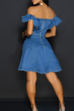Blue Sexy Solid Color Hollow Out Zipper Square Neck Boot Cut Denim Dresses