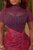 Red Black Sexy Print Ruched O Neck Evening Dresses