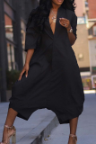 Black Casual Solid Color Pocket Buckle Turndown Collar Loose Jumpsuits