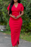 Red Elegant Solid Color Slit Hot Drill V Neck Wrapped Skirt Dresses