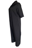Black Casual Solid Color Pocket Buckle Turndown Collar Loose Jumpsuits