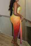 Yellow Red Elegant Gradient Ruched Oblique Collar Wrapped Skirt Dresses
