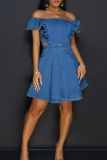 Blue Sexy Solid Color Hollow Out Zipper Square Neck Boot Cut Denim Dresses