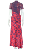 Red Black Sexy Print Ruched O Neck Evening Dresses