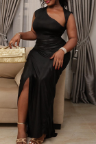 Black Sexy Solid Color Hollow Out Slit Asymmetrical Collar Long Dresses