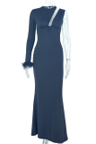 Black Elegant Solid Color Hollow Out Fluffy O Neck Long Dresses
