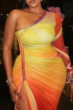Yellow Red Elegant Gradient Ruched Oblique Collar Wrapped Skirt Dresses