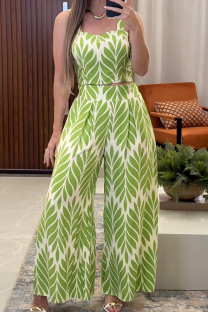 Green Casual Print Patchwork Spaghetti Strap Sleeveless Two Pieces