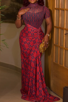 Red Black Sexy Print Ruched O Neck Evening Dresses