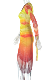 Yellow Red Elegant Gradient Ruched Oblique Collar Wrapped Skirt Dresses