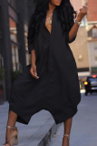Black Casual Solid Color Pocket Buckle Turndown Collar Loose Jumpsuits