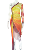 Yellow Red Elegant Gradient Ruched Oblique Collar Wrapped Skirt Dresses