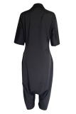 Black Casual Solid Color Pocket Buckle Turndown Collar Loose Jumpsuits