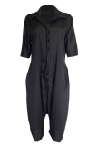 Black Casual Solid Color Pocket Buckle Turndown Collar Loose Jumpsuits