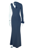 Black Elegant Solid Color Hollow Out Fluffy O Neck Long Dresses