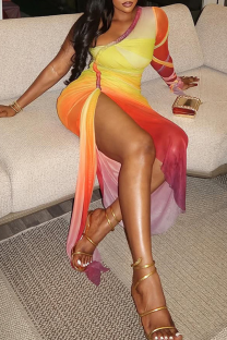 Yellow Red Elegant Gradient Ruched Oblique Collar Wrapped Skirt Dresses