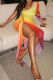 Yellow Red Elegant Gradient Ruched Oblique Collar Wrapped Skirt Dresses