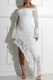 White Sexy Solid Color Lace Ruffled Trim Off Shoulder Irregular Dresses