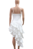 White Sexy Solid Color Ruffled Trim Irregular Hem Spaghetti Strap Irregular Dresses