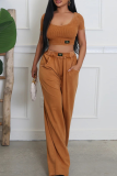 Brown Casual Solid Color Pocket O Neck Short Sleeve Two Pieces