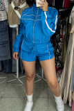 Black Casual Solid Color Lace Up Zipper Turndown Collar Long Sleeve Two Pieces