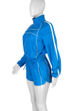 Black Casual Solid Color Lace Up Zipper Turndown Collar Long Sleeve Two Pieces