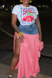 Pink Casual Print Patchwork O Neck Short Sleeve Two Pieces