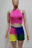 Rose Red Sexy Colorblock Backless Strap Design Halter Sleeveless Two Pieces