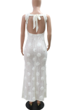 White Elegant Solid Color Backless Flower Shape Long Dresses
