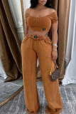 Brown Casual Solid Color Pocket O Neck Short Sleeve Two Pieces