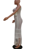 White Vacation Stripe Fringed Trim Swimwears Cover Up