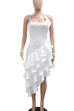 White Sexy Solid Color Ruffled Trim Irregular Hem Spaghetti Strap Irregular Dresses