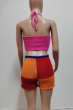 Rose Red Sexy Colorblock Backless Strap Design Halter Sleeveless Two Pieces