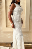White Elegant Solid Color Backless Flower Shape Long Dresses
