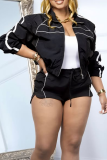 Black Casual Solid Color Lace Up Zipper Turndown Collar Long Sleeve Two Pieces