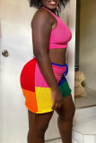 Rose Red Sexy Colorblock Backless Strap Design Halter Sleeveless Two Pieces