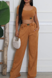 Brown Casual Solid Color Pocket O Neck Short Sleeve Two Pieces