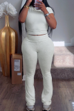 Cream White Casual Solid Color Patchwork O Neck Short Sleeve Two Pieces