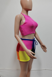 Rose Red Sexy Colorblock Backless Strap Design Halter Sleeveless Two Pieces