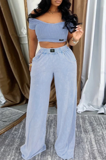 Light Blue Casual Solid Color Pocket O Neck Short Sleeve Two Pieces