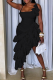 Black Sexy Solid Color Ruffled Trim Irregular Hem Spaghetti Strap Irregular Dresses