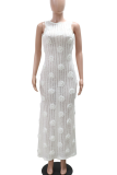 White Elegant Solid Color Backless Flower Shape Long Dresses