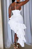 White Sexy Solid Color Ruffled Trim Irregular Hem Spaghetti Strap Irregular Dresses