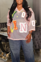 Pink Sexy Letters See-Through V Neck T-Shirts