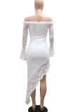 White Sexy Solid Color Lace Ruffled Trim Off Shoulder Irregular Dresses