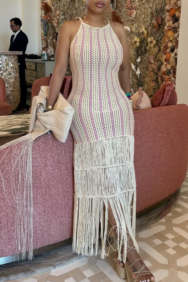White Vacation Stripe Fringed Trim Swimwears Cover Up