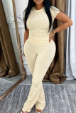 Cream White Casual Solid Color Patchwork O Neck Short Sleeve Two Pieces