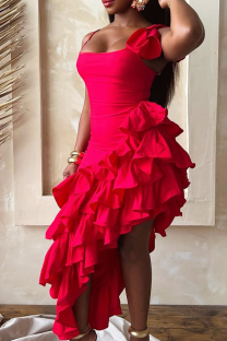 Red Sexy Solid Color Ruffled Trim Irregular Hem Spaghetti Strap Irregular Dresses