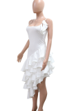 White Sexy Solid Color Ruffled Trim Irregular Hem Spaghetti Strap Irregular Dresses