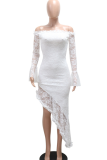 White Sexy Solid Color Lace Ruffled Trim Off Shoulder Irregular Dresses